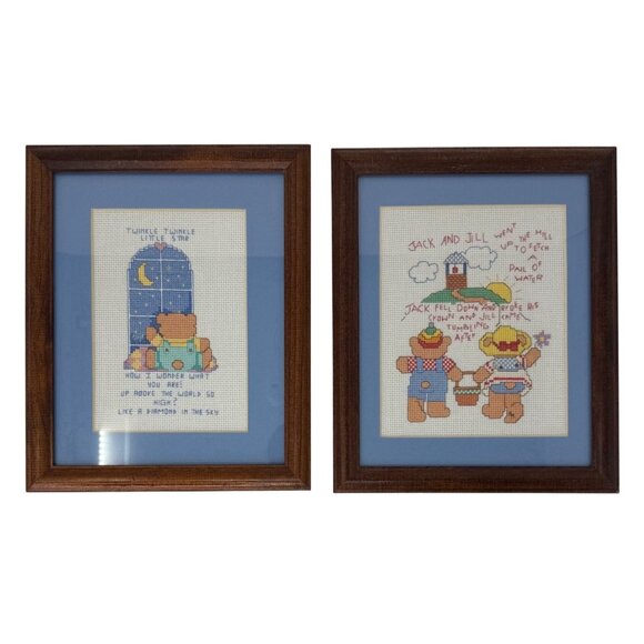 Vintage Pair Framed Cross Stitch Nursery Rhymes Twinkle Twinkle & Jack and Jill - Picture 2 of 5
